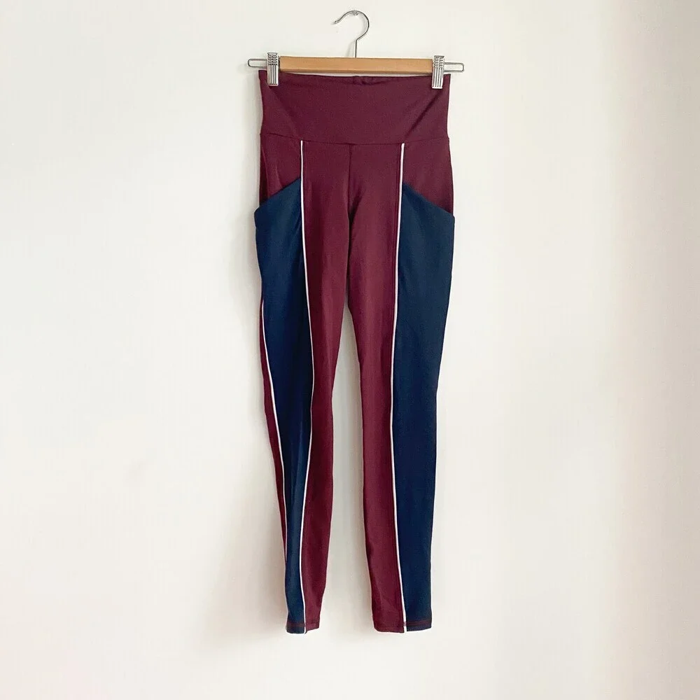Michi Burgundy Navy Blue Colour block Media Pocket Leggings XS - Picture 1 of 5
